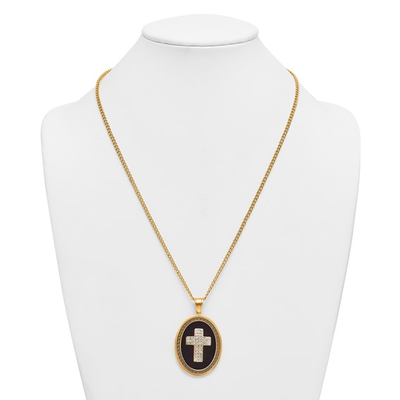 Stainless Steel Polished Yellow IP/Blk Enamel Crystal Oval Cross Necklace