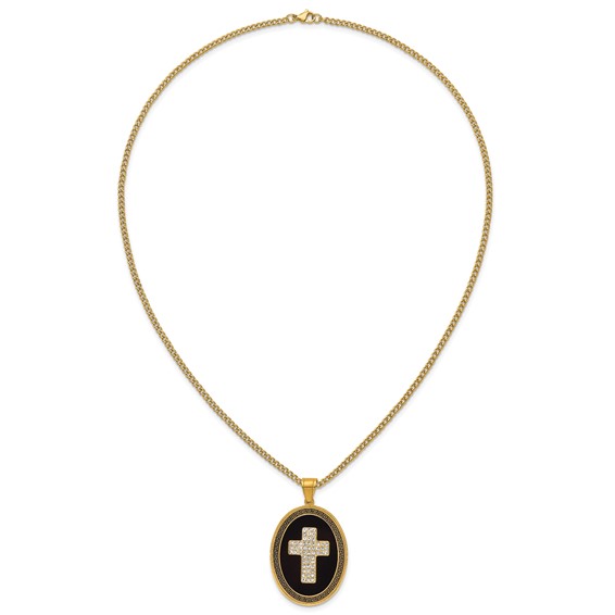 Stainless Steel Polished Yellow IP/Blk Enamel Crystal Oval Cross Necklace