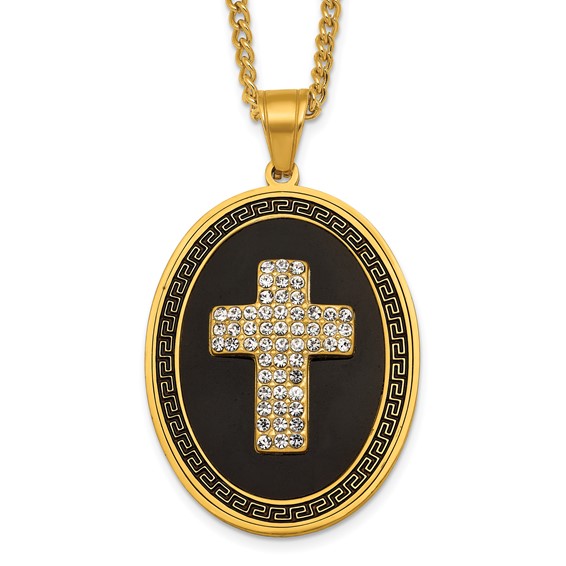 Stainless Steel Polished Yellow IP/Blk Enamel Crystal Oval Cross Necklace