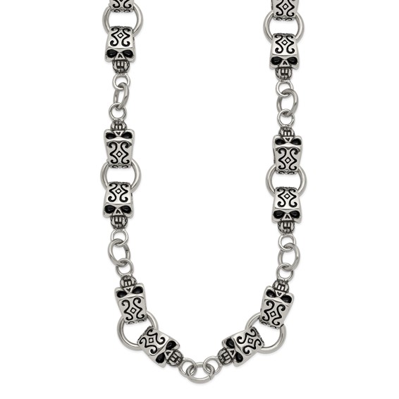 Chisel Stainless Steel Antiqued and Polished Skull 24 inch Necklace