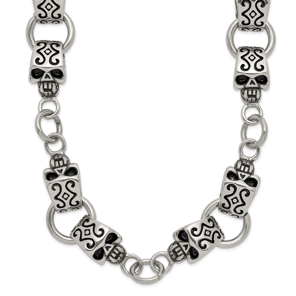 Stainless Steel Antiqued and Polished Skull 24in Necklace