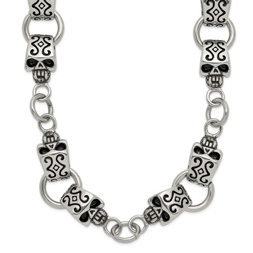 Chisel Stainless Steel Antiqued and Polished Skull Necklace, 24"