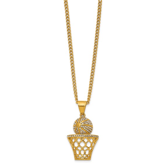 Stainless Steel Polished Yellow IP Crystal B-ball Hoop 24in Necklace