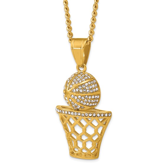 Stainless Steel Polished Yellow IP Crystal B-ball Hoop 24in Necklace