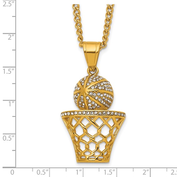 Stainless Steel Polished Yellow IP Crystal B-ball Hoop 24in Necklace