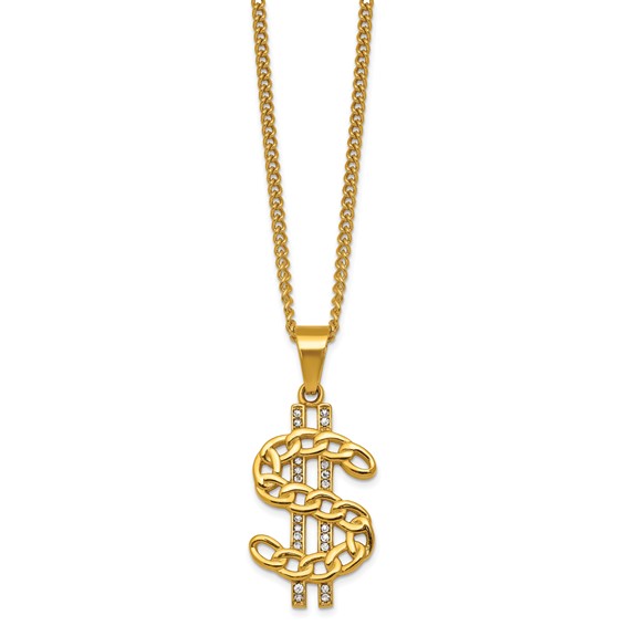 Stainless Steel Polished Yellow IP Crystal Dollar Sign 24in Necklace