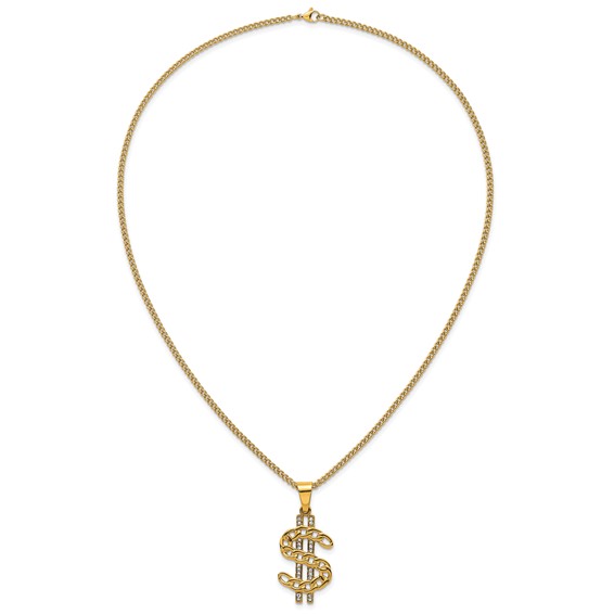 Stainless Steel Polished Yellow IP Crystal Dollar Sign 24in Necklace