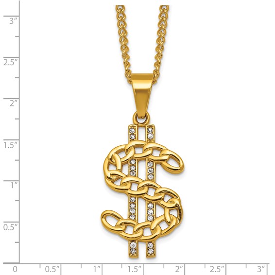 Stainless Steel Polished Yellow IP Crystal Dollar Sign 24in Necklace