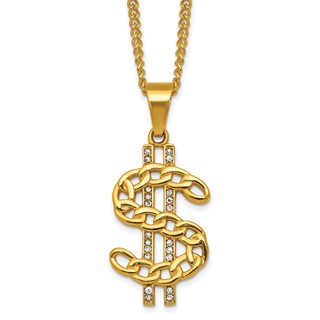 Stainless Steel Polished Yellow IP Crystal Dollar Sign 24in Necklace