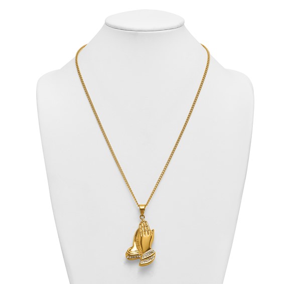 Stainless Steel Polished Yellow IP Crystal Prayer Hands 24in Necklace