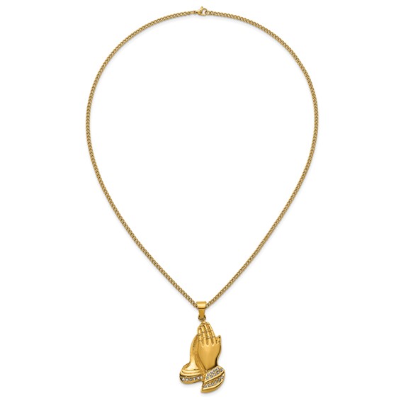 Stainless Steel Polished Yellow IP Crystal Prayer Hands 24in Necklace