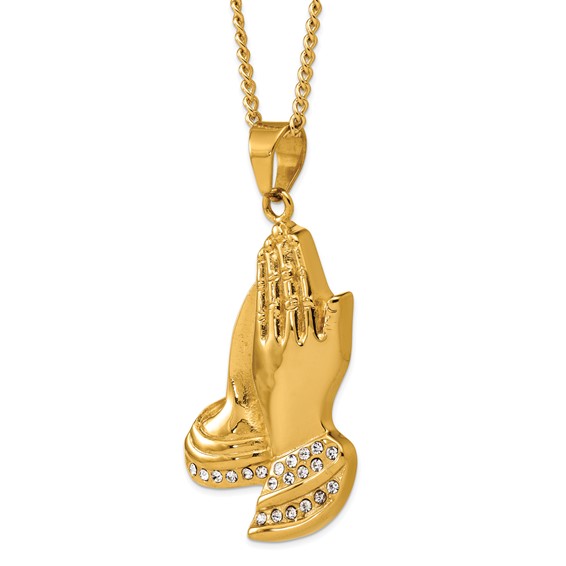 Stainless Steel Polished Yellow IP Crystal Prayer Hands 24in Necklace
