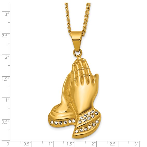 Stainless Steel Polished Yellow IP Crystal Prayer Hands 24in Necklace