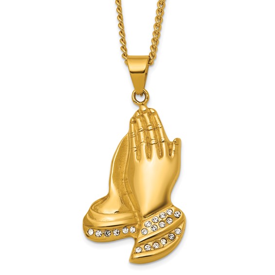 Stainless Steel Polished Yellow IP Crystal Prayer Hands 24in Necklace