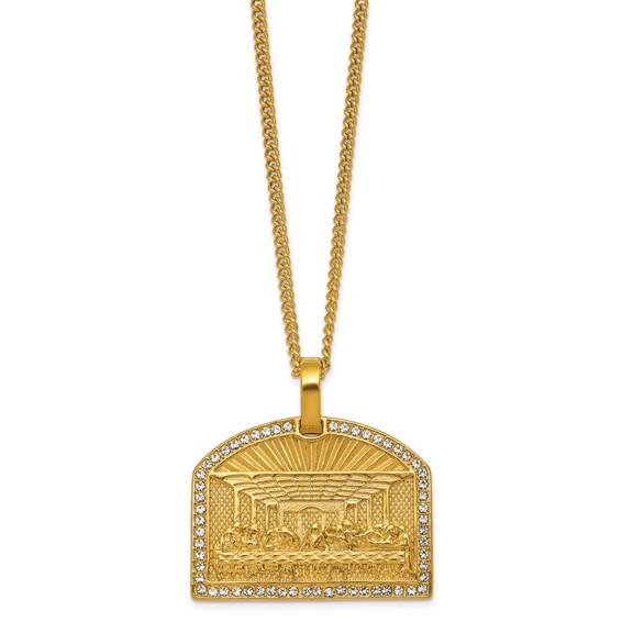 Stainless Steel Polished Yellow IP Crystal Last Supper 24in Necklace