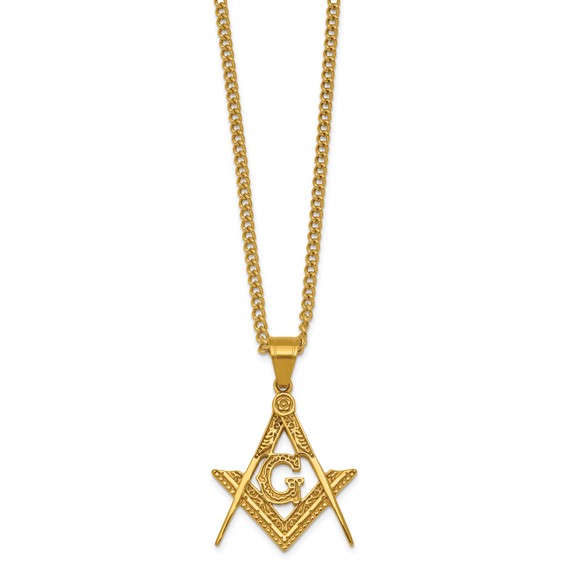 Stainless Steel Polished Yellow IP Masonic Symbol 24in Necklace