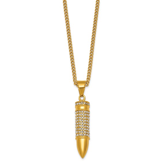 Stainless Steel Polished Yellow IP-plated Crystal Bullet 24in Necklace