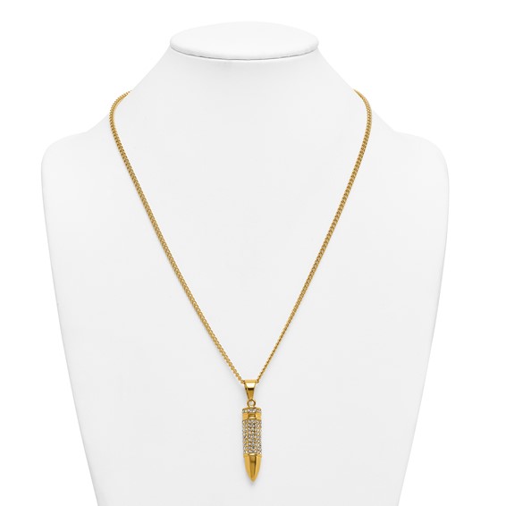 Stainless Steel Polished Yellow IP-plated Crystal Bullet 24in Necklace