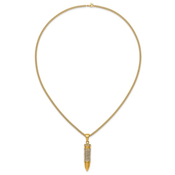 Stainless Steel Polished Yellow IP-plated Crystal Bullet 24in Necklace