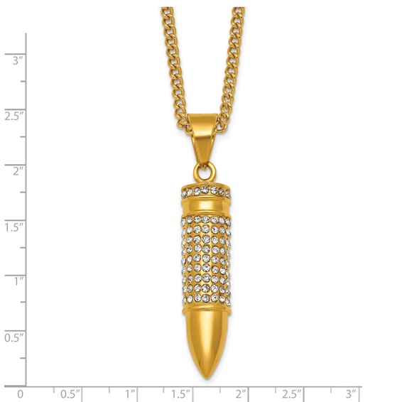 Stainless Steel Polished Yellow IP-plated Crystal Bullet 24in Necklace