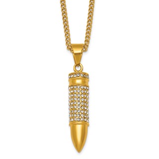 Stainless Steel Polished Yellow IP-plated Crystal Bullet 24in Necklace