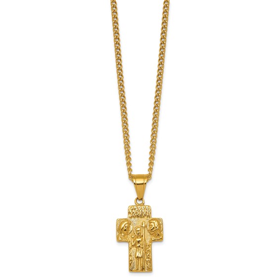 Stainless Steel Polished Yellow IP Jesus Mary Joseph Cross Necklace