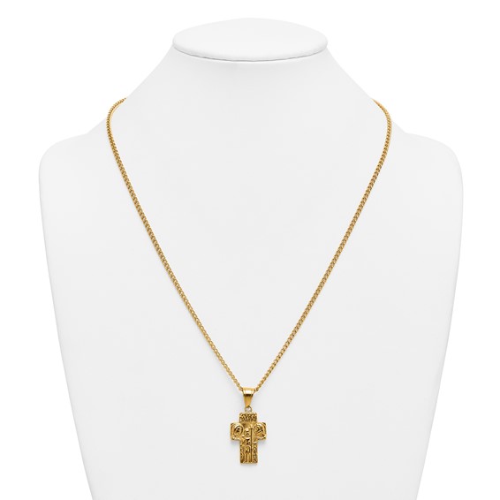 Stainless Steel Polished Yellow IP Jesus Mary Joseph Cross Necklace