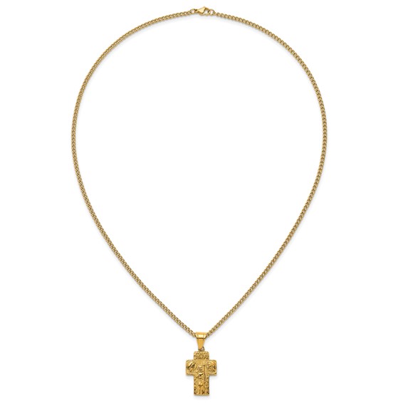 Stainless Steel Polished Yellow IP Jesus Mary Joseph Cross Necklace