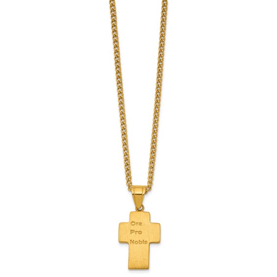 Stainless Steel Polished Yellow IP Jesus Mary Joseph Cross Necklace
