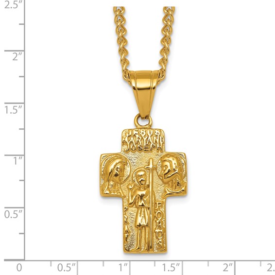 Stainless Steel Polished Yellow IP Jesus Mary Joseph Cross Necklace