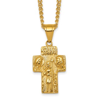 Stainless Steel Polished Yellow IP Jesus Mary Joseph Cross Necklace