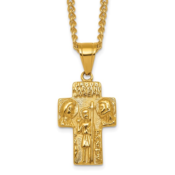 Stainless Steel Polished Yellow IP Jesus Mary Joseph Cross Necklace