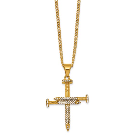 Stainless Steel Polished Yellow IP Crystal Nail Cross 24in Necklace