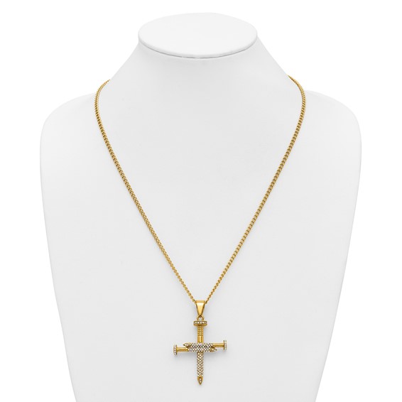 Stainless Steel Polished Yellow IP Crystal Nail Cross 24in Necklace