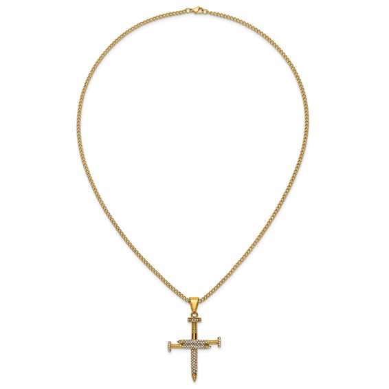 Stainless Steel Polished Yellow IP Crystal Nail Cross 24in Necklace