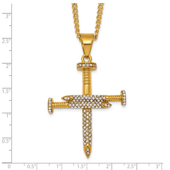 Stainless Steel Polished Yellow IP Crystal Nail Cross 24in Necklace