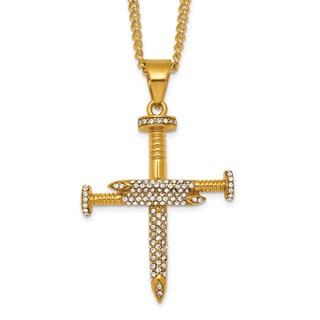 Stainless Steel Polished Yellow IP Crystal Nail Cross 24in Necklace