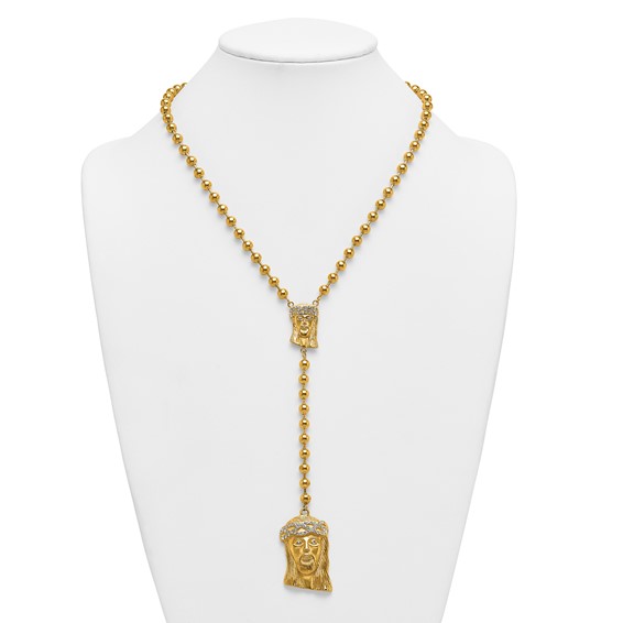 Stainless Steel Polished Yellow IP-plated Crystal Jesus Rosary Necklace