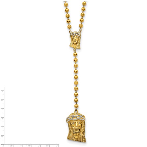 Stainless Steel Polished Yellow IP-plated Crystal Jesus Rosary Necklace