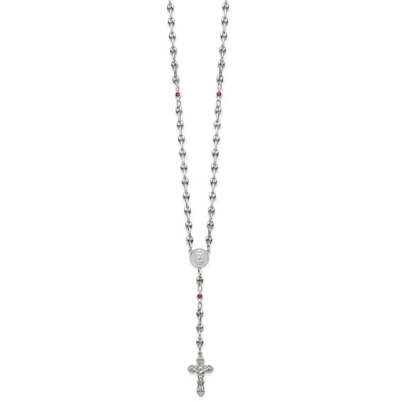 Stainless Steel with 925 Polished Dark Pink CZ 21in Rosary Necklace