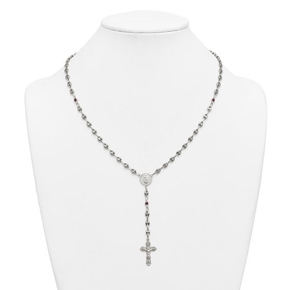 Stainless Steel with 925 Polished Dark Pink CZ 21in Rosary Necklace