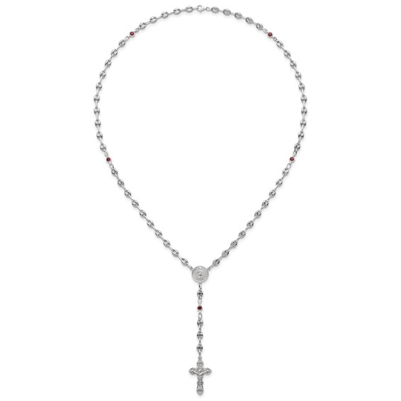 Stainless Steel with 925 Polished Dark Pink CZ 21in Rosary Necklace