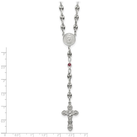 Stainless Steel with 925 Polished Dark Pink CZ 21in Rosary Necklace
