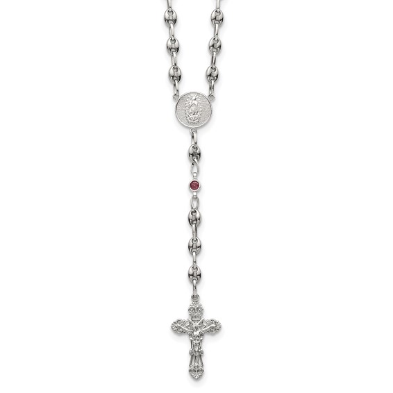 Stainless Steel with 925 Polished Dark Pink CZ 21in Rosary Necklace