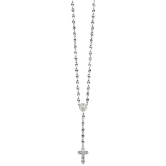 Stainless Steel with 925 Polished Purple CZ  21in Rosary Necklace