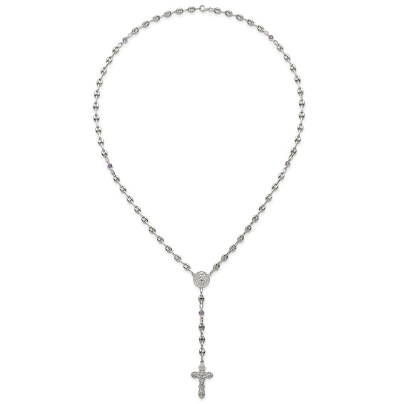 Stainless Steel with 925 Polished Purple CZ  21in Rosary Necklace