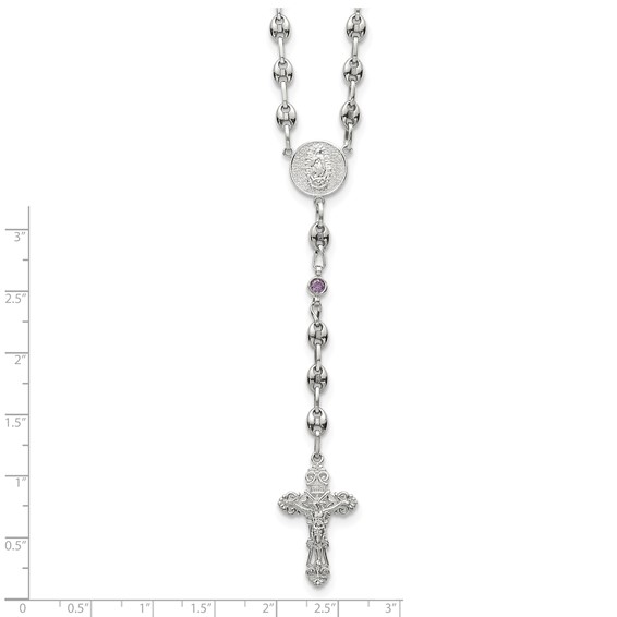 Stainless Steel with 925 Polished Purple CZ  21in Rosary Necklace
