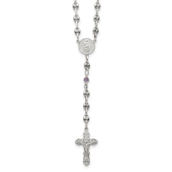 Stainless Steel with 925 Polished Purple CZ  21in Rosary Necklace