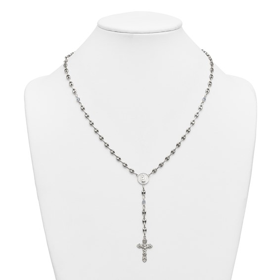 Stainless Steel with 925 Polished Light Blue CZ 21in Rosary Necklace