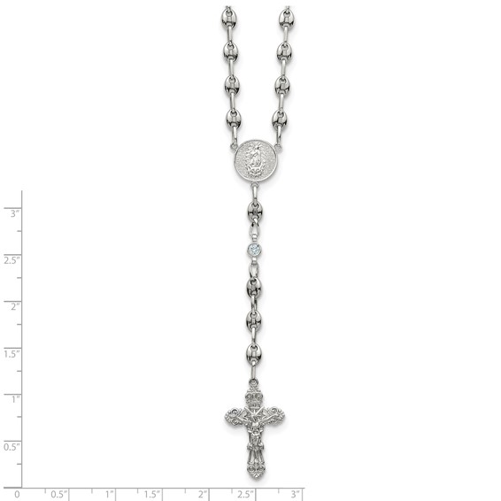 Stainless Steel with 925 Polished Light Blue CZ 21in Rosary Necklace